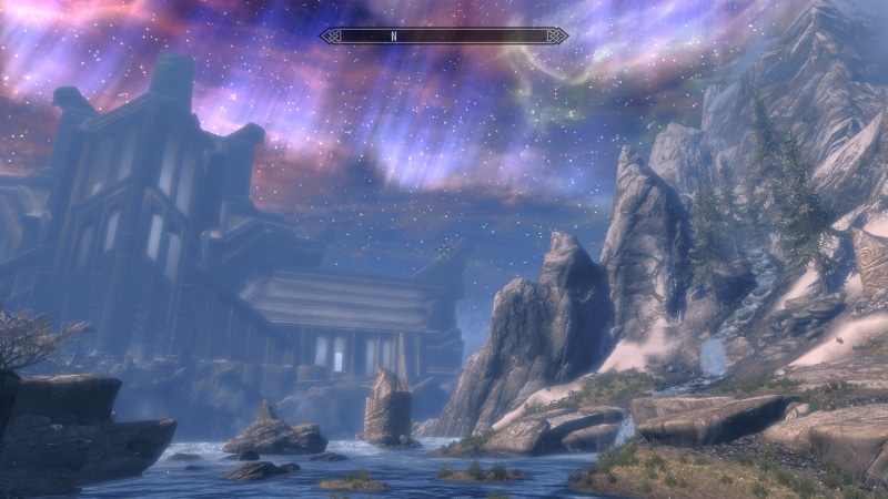 city, statue, The Elder Scrolls, universe, spring, mountains, space, sunlight, rocks, water, Bethesda Softworks, rocks wall, landscape, plants, PC gaming