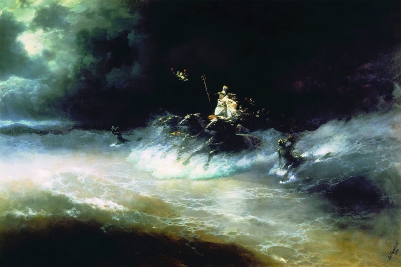 Poseidon, classic art, Ivan Aivazovski, Greek mythology, 1080P, Travel of Poseidon by Sea, painting, horse