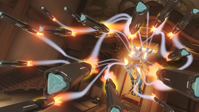 technology, orange color, fire, robot, motion, 4K, long exposure, glowing, d, no people, blurred motion, indoors, illustration, Hanamura (Overwatch), flame