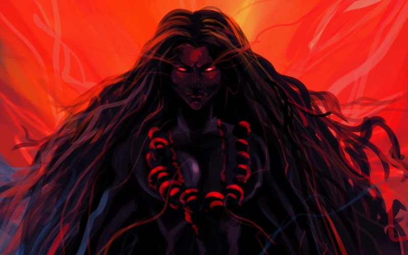 real people, human hair, God, mother, dark, studio shot, goddess, lifestyles, anime, front view, character, portrait, females, red, women, colored background