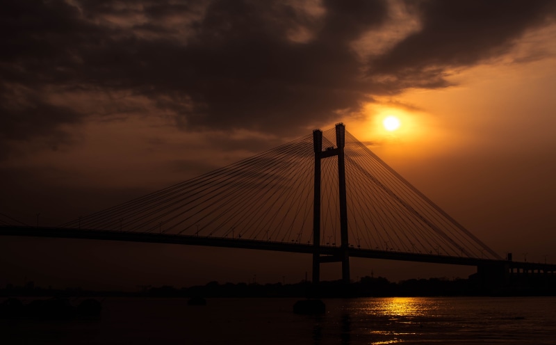 kolkata, water, india, reflection., connection, sun, cloud - sky, outdoors, suspension bridge, engineering, tourism, bay, bridge - man made structure, nature