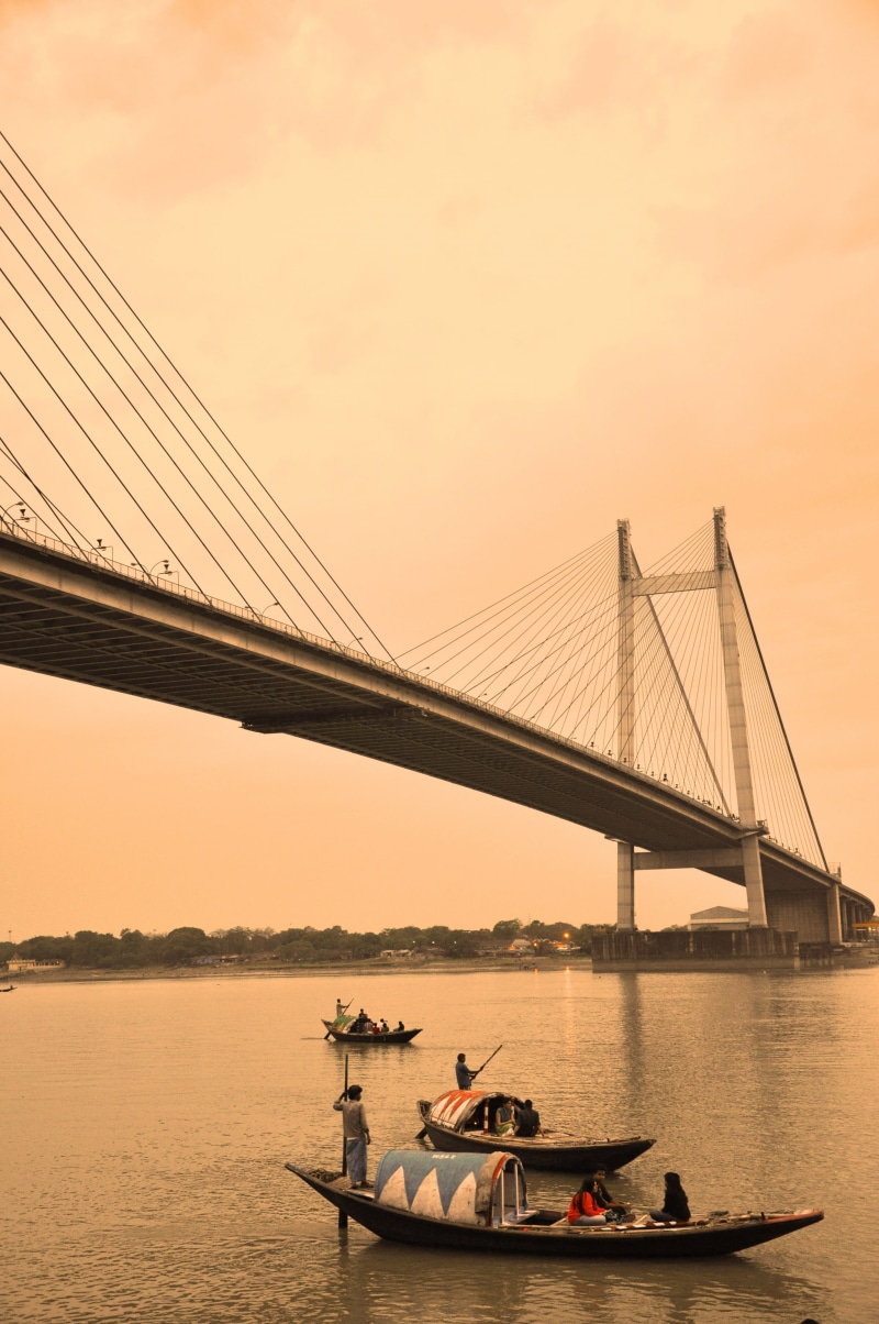 kolkata, connection, sky, nature, architecture, transportation, travel, suspension bridge, water, outdoors, bridge, sunset, nautical vessel, 4K, cable-stayed bridge