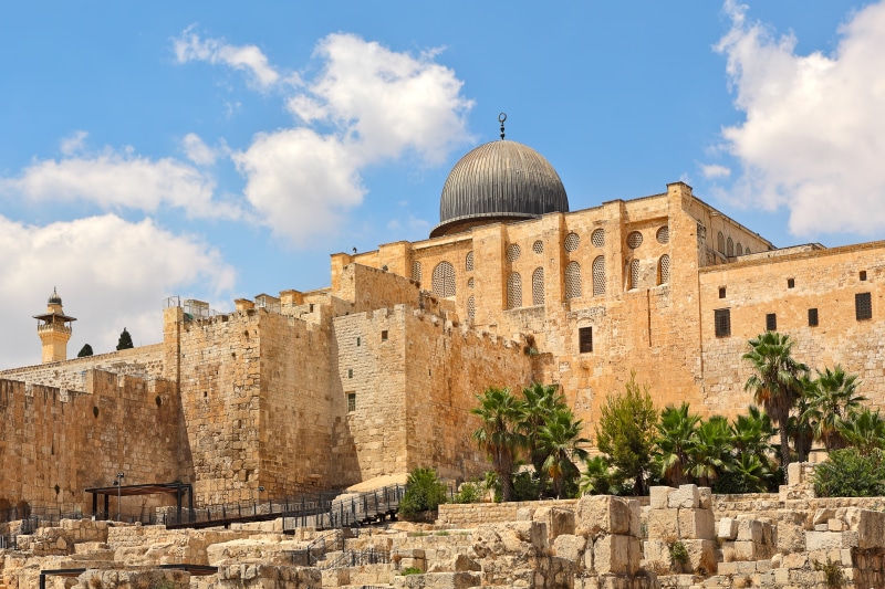 temple, stones, Israel, Jerusalem, the sky, the sun, 5K, clouds, palm trees, architecture, Palace