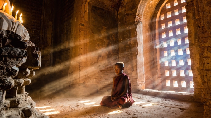 full length, monks little boy photography nature meditation sun rays buddhism temple sunlight, zen-like, men, nature, one person, belief, building, place of worship