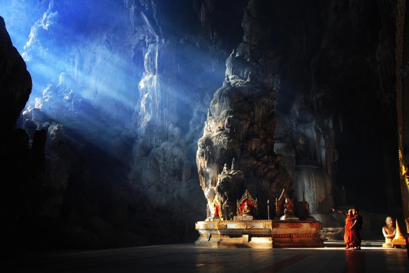 cave, temple, art and craft, Myanmar, spirituality, sun rays, representation, 1080P, Buddhism, building, travel destinations, religion, statue, children