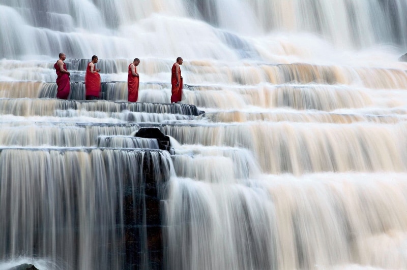 rock, scenics - nature, flowing water, Dang Ngo, beauty in nature, technology, water, waterfall, people, person, Buddhism, outdoors, industry, group of people