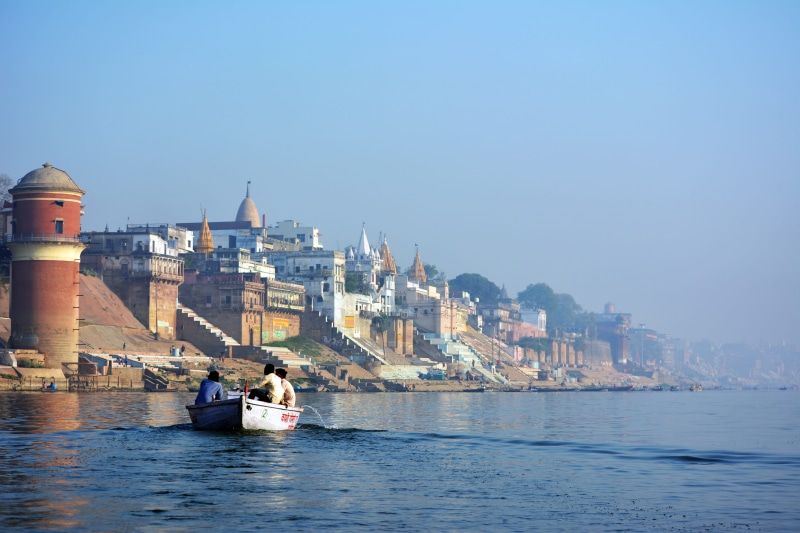 nature, sea, temple, 4K, people, sky, passenger craft, varanasi, outdoors, nautical vessel, tourism, ganga, building, transportation, city, cityscape
