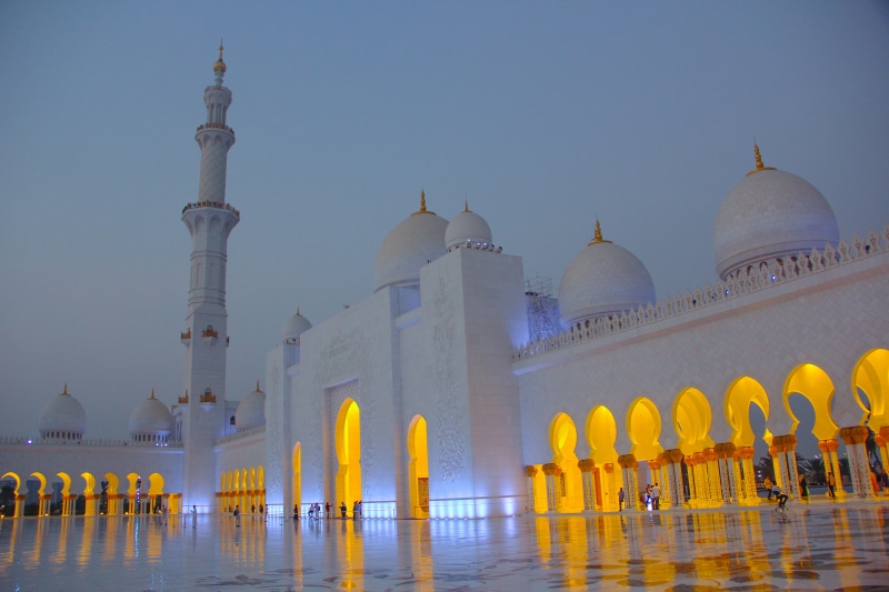 mosque, place of worship, temple, muslim, travel destinations, religion, nature, travel, arches, built structure, water, tourism, sky, reflecting pool