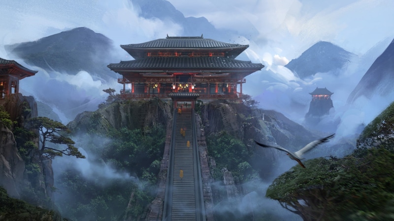 temple, artwork, 1080P, fantasy art, mountains, landscape, Japanese Art