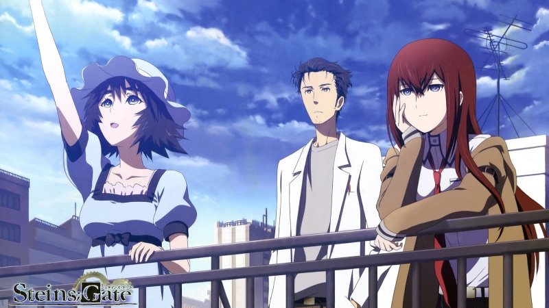 railing, Okabe Rintarou, anime girls, sunlight, Makise Kurisu, outdoors, built structure, human representation, day, anime boys, focus on foreground, blue