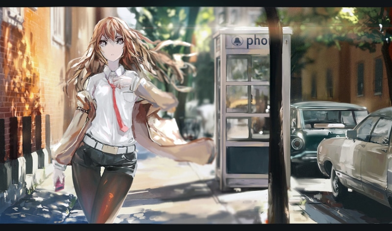 cityscape, 1080P, incidental people, retail display, tie, anime girls, small business, store window, fashion, adult, Steins;Gate, Makise Kurisu, sale
