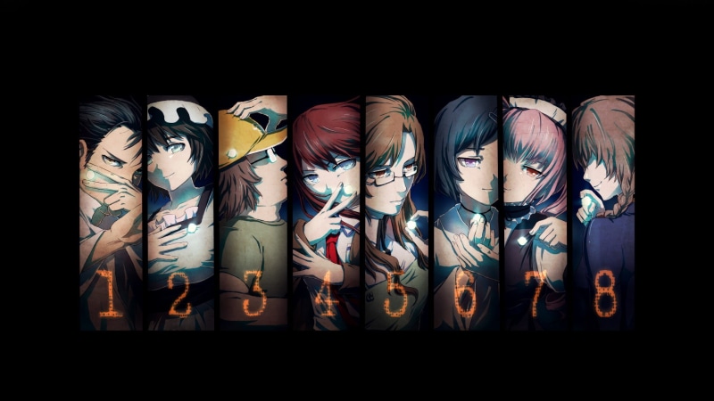 Makise Kurisu, numbers, black background, Okabe Rintarou, variation, large group of objects, 1080P, side by side, high angle view, choice, still life