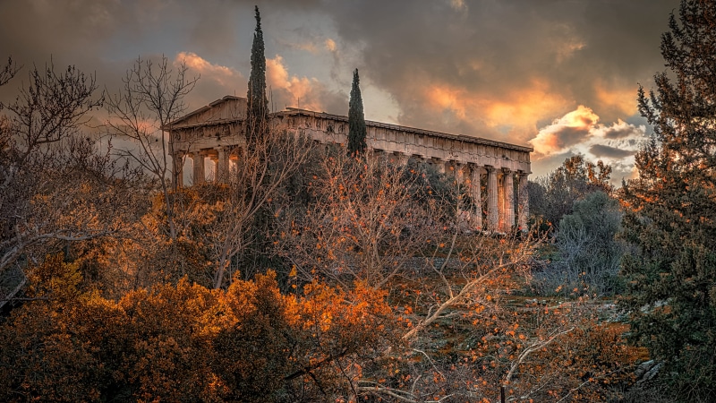 cloud - sky, built structure, building exterior, columns, outdoors, no people, fall, golden hour, cloudy, Golden Temple, history, autumn, tree, pillars