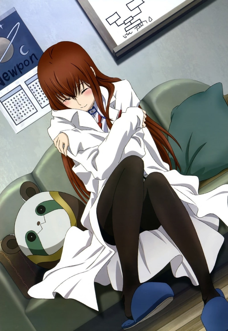 communication, activity, holding, full length, sitting, character, female, adult, working, one person, relaxation, males, occupation, computer, Makise Kurisu