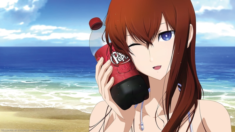 Steins;Gate, anime girls, sea, sunlight, beach, lifestyles, character, water, woman, sky, Makise Kurisu, anime, land, day, bottle, transportation