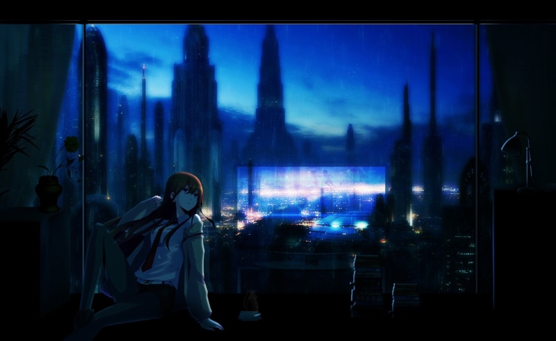 building exterior, illuminated, steinsgate makise kurisu anime, outdoors, sky, standing, architecture, city, nature, skyscraper, adult, young adult, auto post production filter
