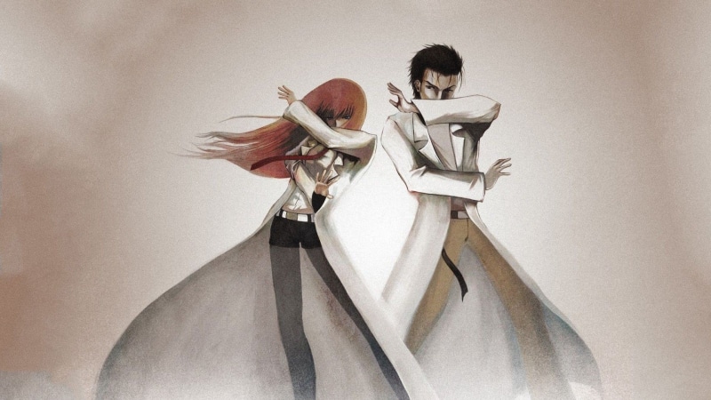brown hair, mid adult, contemplation, young adult, bizarre, looking, 1080P, white color, full length, wall - building feature, indoors, archival, steinsgate makise kurisu okabe rintarou anime