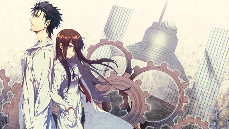 building exterior, nature, steinsgate okabe rintarou makise kurisu anime, outdoors, metal, creativity, long hair, city, day, hair, bicycle, art and craft