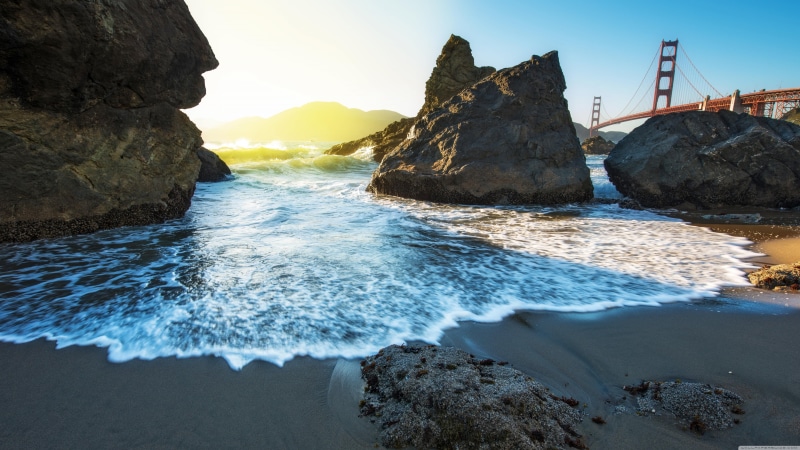 landscape, beach, outdoors, near, francisco, tranquil scene, scenics - nature, gate, golden, water, watermarked, stack rock, nature, rock - object, motion