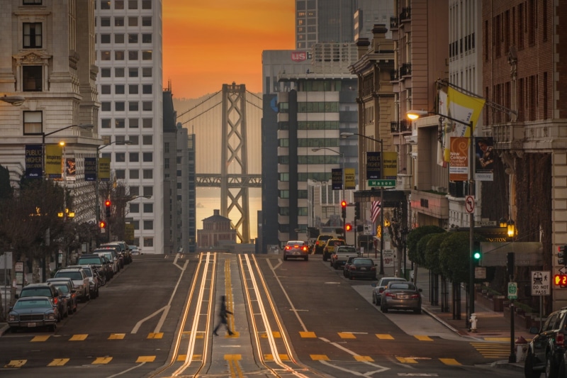 San Francisco, cityscape, land vehicle, bridge, building, sunset, city, transportation, office building exterior, street, mode of transportation, 1080P