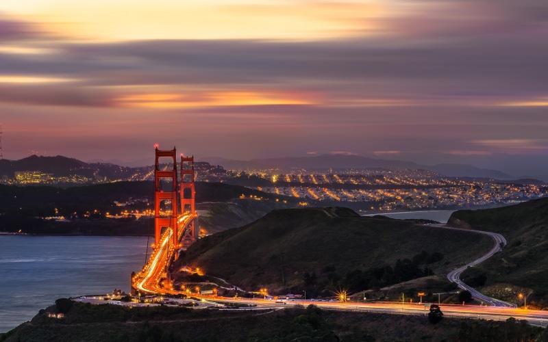 francisco, San Francisco, gate, san, golden, Golden Gate, 2K, evening, the Golden Gate Bridge, lights, San - Francisco, clouds