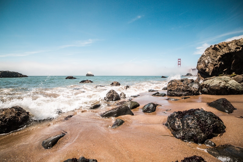 scenics - nature, California, beach, california, ocean, golden, bridge, beauty in nature, nature, sky, land, scenics, blue, baker, rock formation, Baker Beach