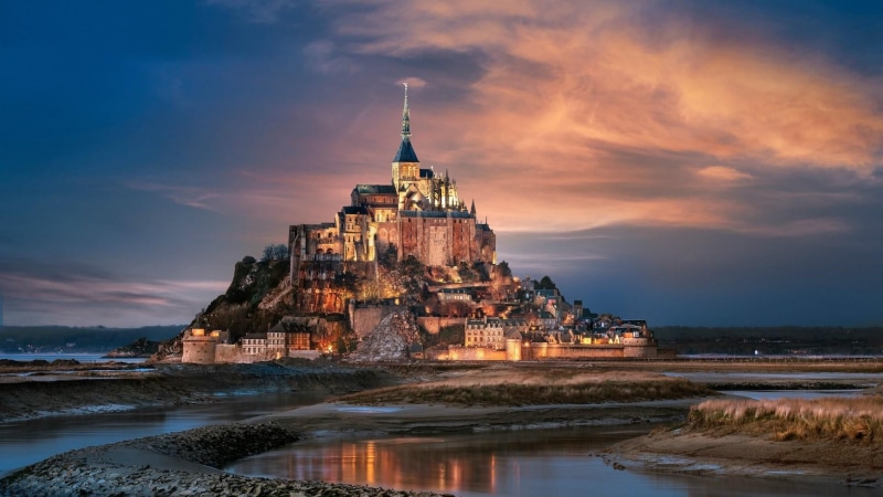 evening, water, dusk, cloud, nature, history, no people, abbey, mont saint-michel, cloud - sky, castle, place of worship, illuminated, dawn, religion, building exterior