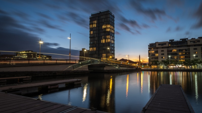 canal, dusk, light, rise, built Structure, photography, County Dublin, night, IE, architecture, body of water, body, sky, grand, building Exterior, reflection
