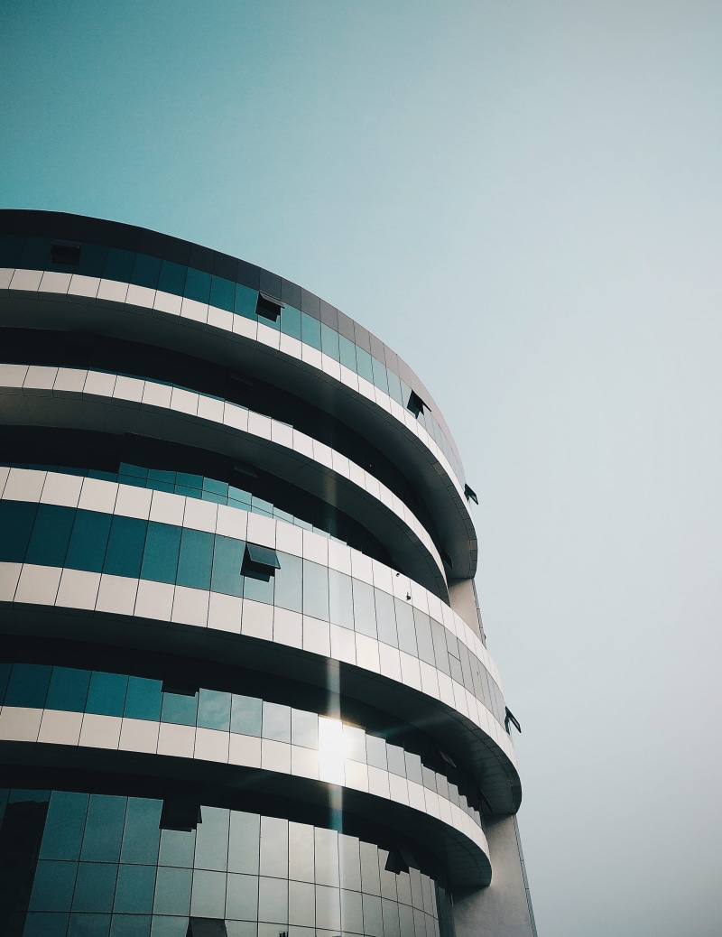 staircase, urban, office building, modern, control tower, office, blue, built structure, tower, building exterior, window, copy space, skyscraper, high rise