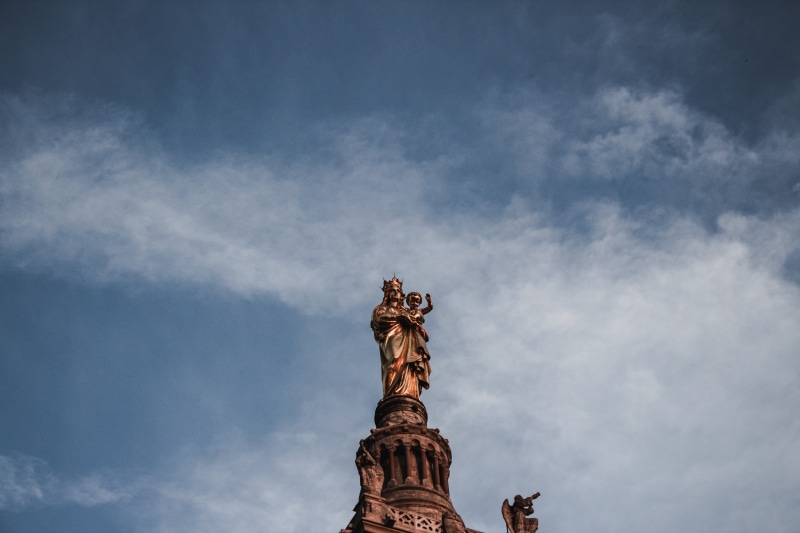 day, sky, female likeness, travel destinations, low angle view, blue, spirituality, marseille, cloud - sky, representation, france, pillar, history, basilique notre dame de la garde