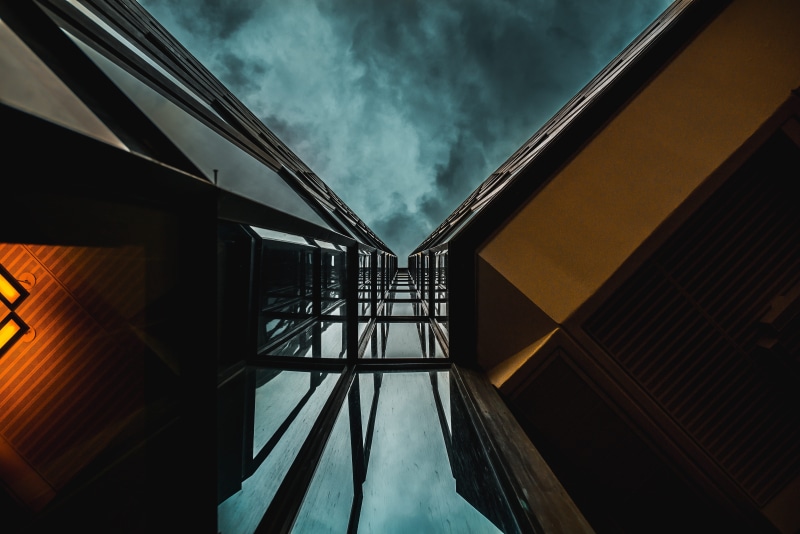 bridge, dark, water, railing, staircase, modern, built Structure, window, building, nature, Reflective, reflection, angle, low, 5K, sky, cloud - sky, outdoors