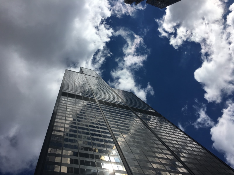modern, reflection, built structure, outdoors, nature, sky, ominous, blue sky, tall, 4K, clouds, low angle photography, low angle view, windows, cloud - sky