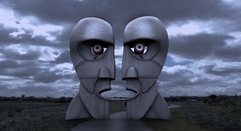 Pink Floyd, metal, 1080P, symmetry, field, artwork, trees, nature, road, evening, the division bell, clouds, sculpture