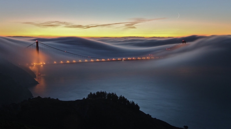 sunset, 1080P, San Francisco, Golden Gate Bridge, cloud - sky, architecture, tranquil scene, nature, connection, red, tranquility, steel, beauty in nature