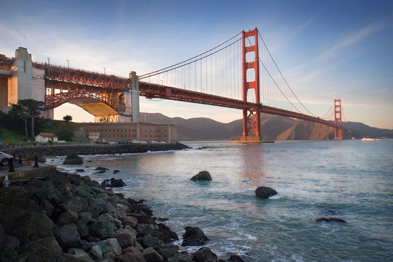 bridge, 720P, suspension bridge, travel destinations, transportation, bay, San Francisco, rock, nature, travel, bay of water, sky, city, tourism, rock - object