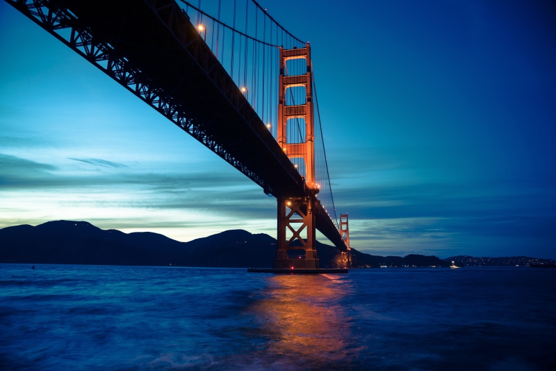 outdoors, California, 4K, blue, bridge, waterfront, transportation, water, connection, bay, Sunset, 8K, San Francisco, low angle view, built structure