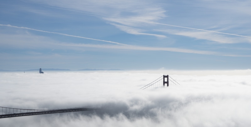 golden gate bridge, bridge, tranquility, 5K, scenics - nature, low angle view, no people, clouds, fog, united states, lifestyles, tranquil scene, tower