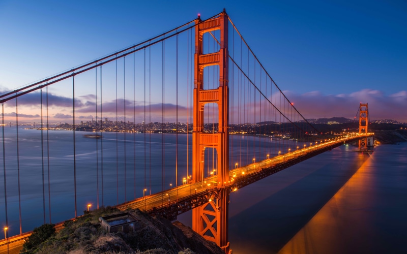 suspension bridge, white, city, sky, sunset, bridge - man made structure, tourism, USA, reflection, travel destinations, illuminated, building, connection