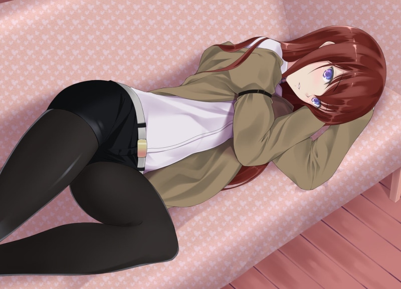 textile, 720P, Steins;Gate, red, high angle view, anime girls, females, lifestyles, adult, lying down, furniture, anime, indoors, people, redhead, fashion