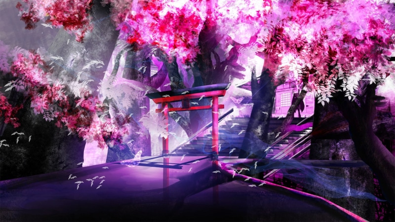 1080P, Shrine, Cherry Trees, Purple