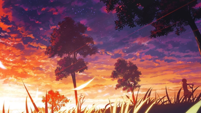 sky, beauty in nature, scenics - nature, dramatic sky, plant, non-urban scene, anime, silhouette, trees, growth, purple, nature, digital, orange, outdoors