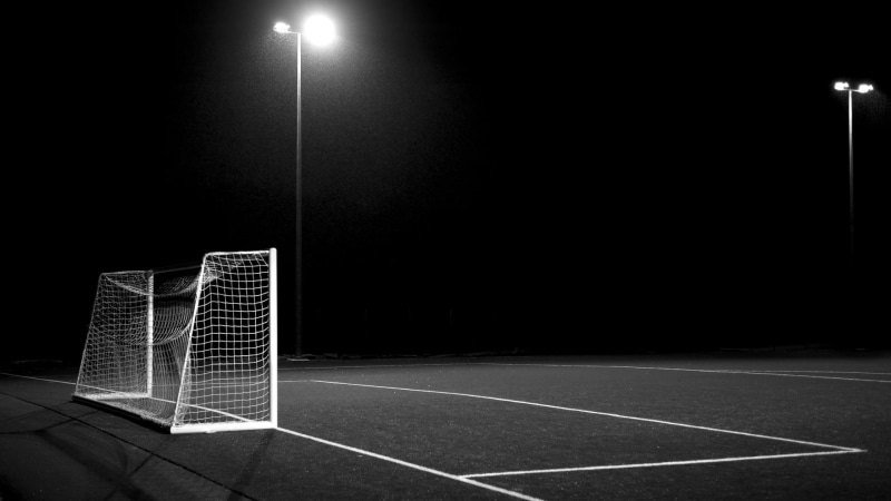 goal, sports, light, 1080P, grayscale, night, football, soccer, photo, football field, field