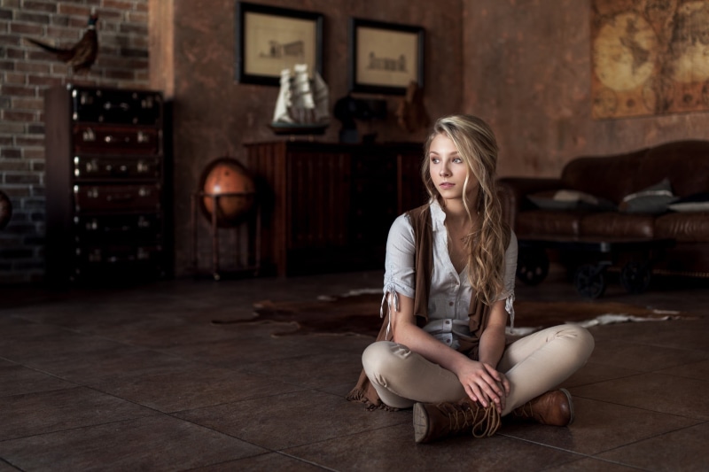 white, depth of field, looking away, young women, Alice Tarasenko, one person, s, blonde, shirt, sitting, contemplation, flooring, beauty, diffused, casual clothing