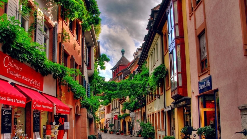 1080P, germany, gate, houses, street, clouds, europe, cafe, shops