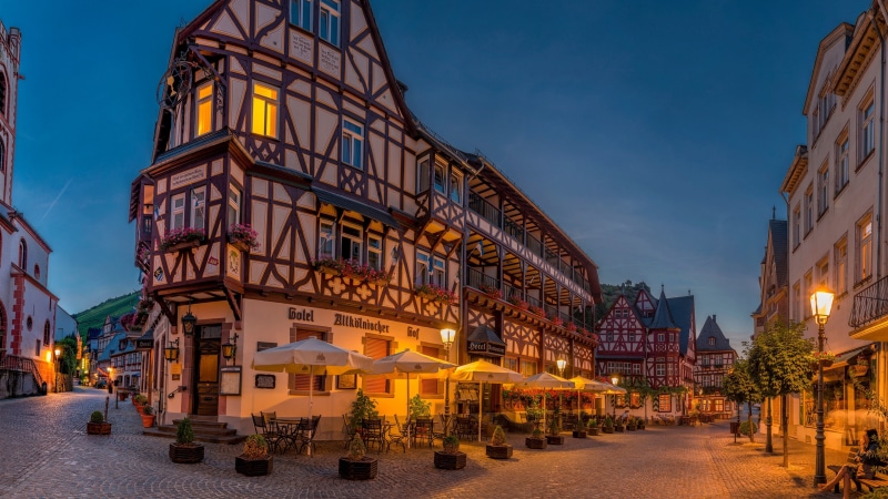 half timbered house, half-timbered house, town, street, street view, evening, half-timbered, bacharach, hotel, germany, neighbourhood, sky, building, night