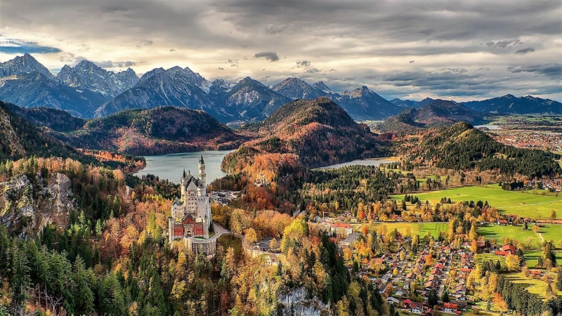 castle, bavaria, environment, architecture, tranquility, no people, tree, neuschwanstein castle, plant, aerial photography, scenics - nature, lake, building