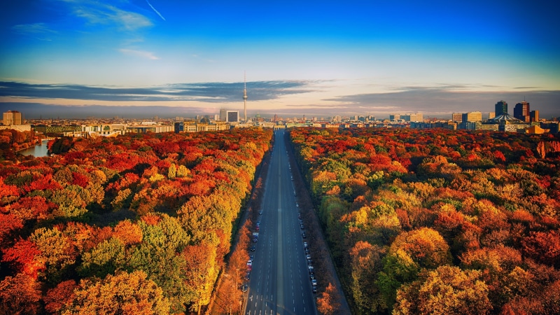 aerial view, 5k uhd, landscape, evening, city, highway, skyline, sunlight, road, 5k, eu, blue sky, germany, daytime, sky, 5K, tree, nature, europe, autumn