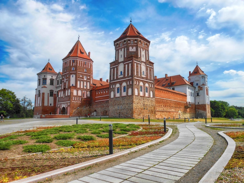 belorussia, place of worship, blue, building, built structure, stronghold, cloud - sky, europe, belarus, nature, spire, 1080P, summer, travel destinations