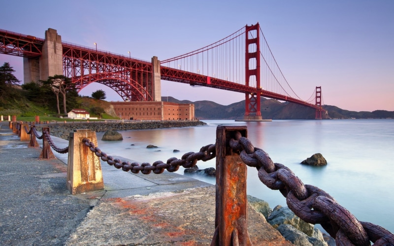 travel destinations, water, river, san, bay, engineering, iron - metal, clear sky, tourism, bridge, metal, low, transportation, connection, golden, francisco