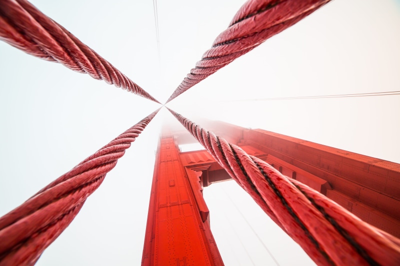 string, suspension bridge, directly below, foggy, ggb, sky, usa, pillar, no people, steel bridge, steel, abstract, built structure, low angle view, sf